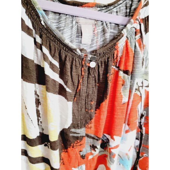 Chico's 1 Womens Large Floral Neutral Colors 3/4 Sleeve Top Blouse Round Neck M‎ - Picture 3 of 8